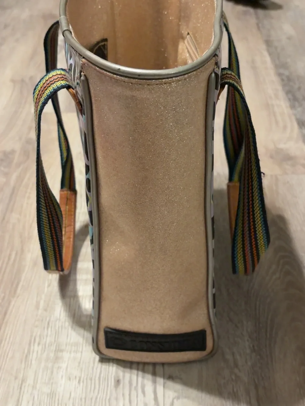 Consuela Leopard Print Tote with Rainbow Straps and Gold Interior